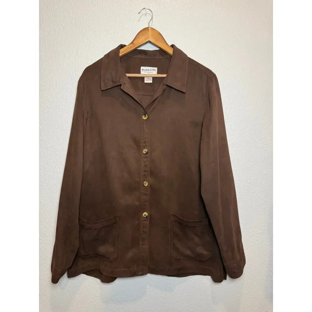 Pendleton Brown Jacket Women 14 Tall Button Front Lightweight Coat Classic 90’s